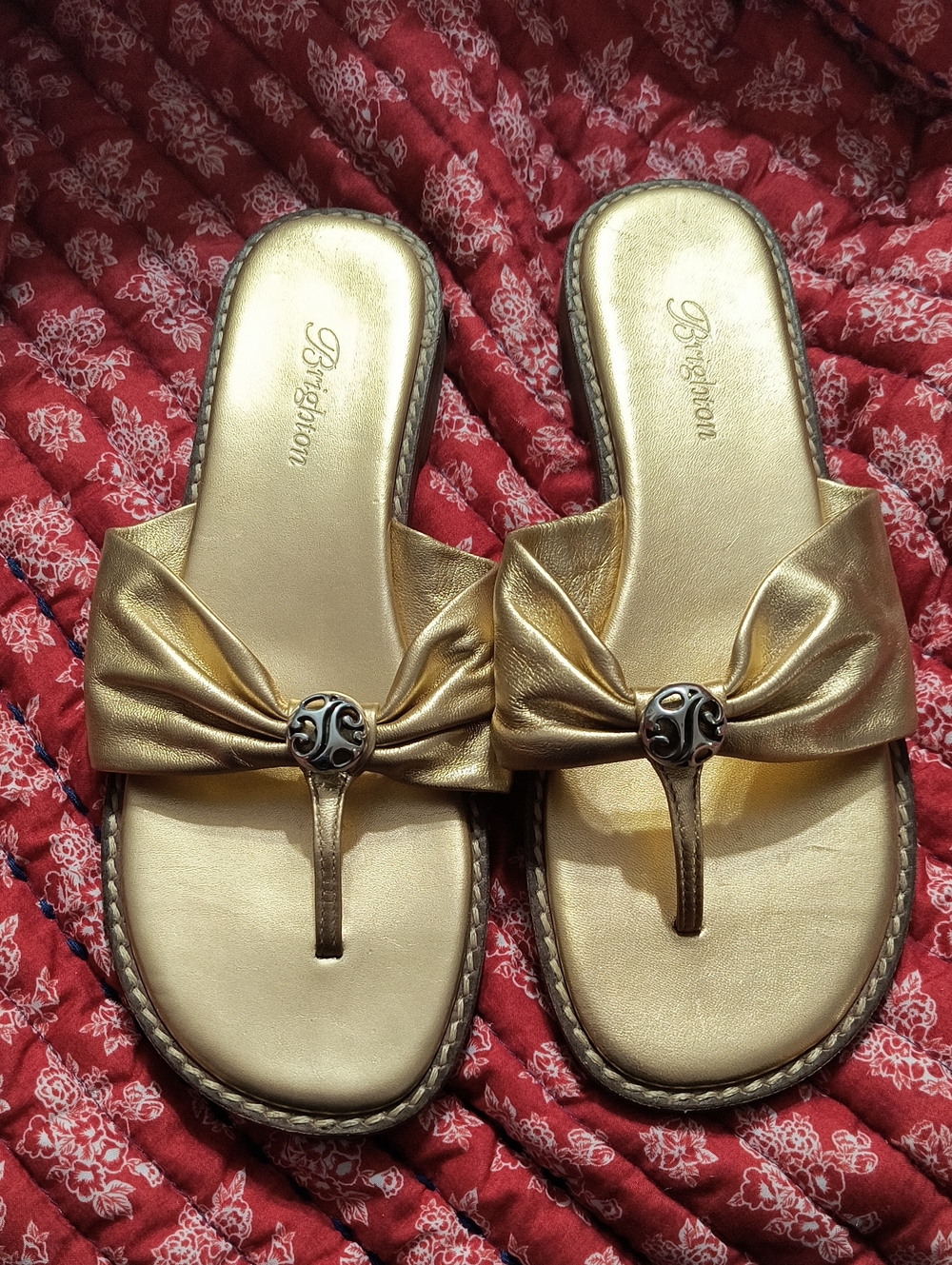 Brighton Metallic Gold Bow Toe-Post Sandals, Great Shape